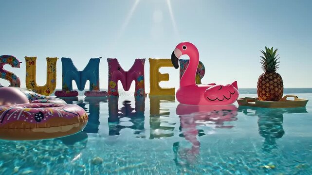 Colorful summer pool scene with vibrant inflatable flamingo, playful donuts, and tropical pineapple creating a festive atmosphere by the water