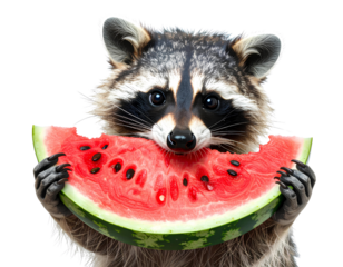 Racoon eating a watermelon, isolated on transparent background 