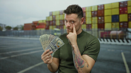 Young man holding american dollars on urban street with containers in background showing focus...