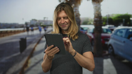 Blond man in gray tshirt swipes tablet touchscreen on sunny street lined with palm trees and parked cars  curiosity exploration. © Krakenimages.com