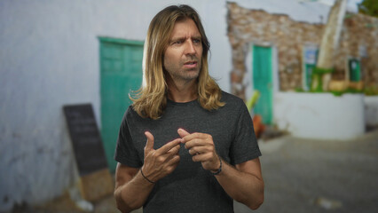 Man with long blond hair touches fingertips while standing in front of a building entrance door; uncertainty.