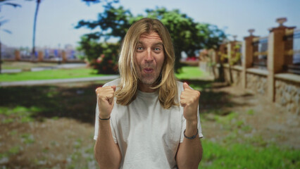 Blond man with long hair clasping hands and looking up at clear sky in sunlit green forest; hope faith.