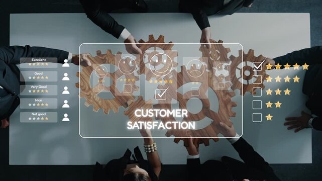 A diverse business team interacts around a table, using wooden gears and feedback icons to illustrate the process of enhancing customer satisfaction and engagement. Raster