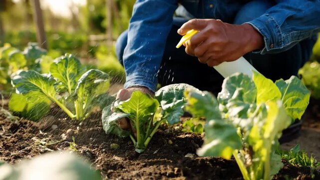 Gardener applying microbial inoculants to garden beds emphasizing the use of symbiotic microbes to boost plant vitality and soil fertility.