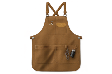 Brown apron with pockets and a transparent background image asset here.
