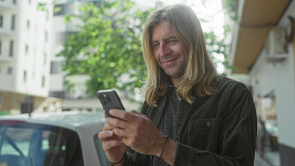 Man holding smartphone with fingers tapping the screen while glancing down on a street in daytime;...