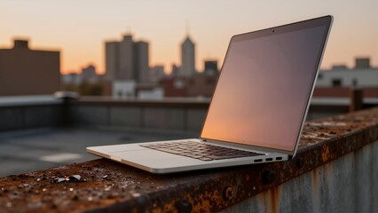 A sleek laptop sits on a weathered, rusty surface with a stunning sunset skyline in the background.