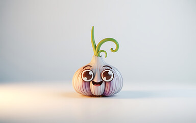 Cute animated garlic bulb with a happy face and green sprouts
