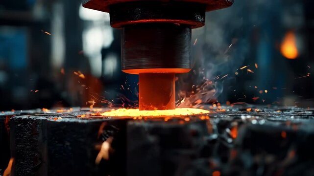 Medium shot of militarygrade aluminum alloy forging producing robust highstrength parts with sparks flying during intense metal shaping.
