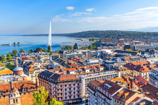 Geneva, Switzerland Cityscape Overlooking the Lake and Fountain 3018