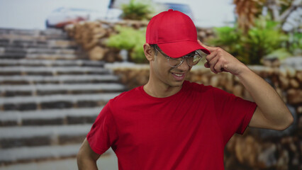 Young smiling hispanic delivery man wearing glasses points finger to red cap at building; confidence pride.