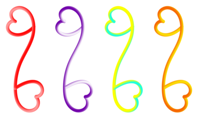 A vibrant display of four heart-shaped abstract designs in diverse gradients on black background