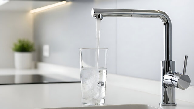 Water Flows From Modern Chrome Faucet Into Glass