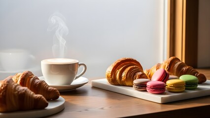 Steaming white coffee cup with saucer on wooden table next to plate of golden croissants and colorful macarons on white marble slab
