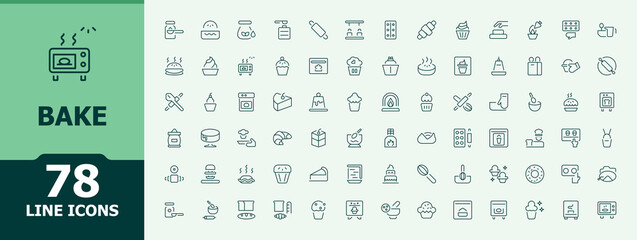 Set of Bake line icon. Contains such symbols as bakery, sweet, bakery, cake, food and more. Thin web icons. Bake modern icon set. Editable stroke.