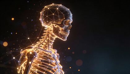 A digital image of a person in profile, consisting of glowing lines and dots that form a skeletal structure. Complex geometric patterns and connections are visible throughout its shape.