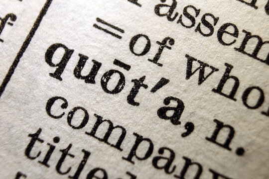 Word quota printed on dictionary page, macro close up