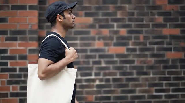 Man walking with tote bag over shoulder, showcasing steady movement along a textured brick wall, focused on his path and surroundings