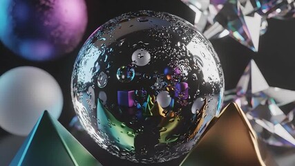 Abstract 3D render of geometric shapes and spheres in a dark reflective environment creating a futuristic and artistic visual. - Powered by Adobe