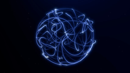 Abstract blue fractal fiber orb with glowing lines forming dynamic spherical motion. Futuristic digital energy structure representing data streams and technological flow.