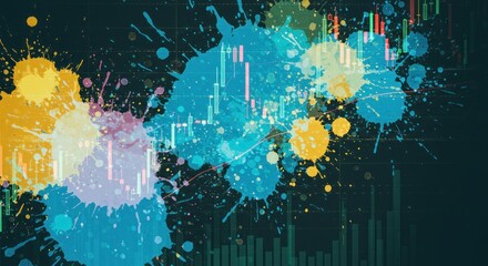 Abstract artwork featuring colorful paint splatters and financial data charts on a dark background