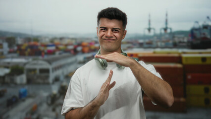 Hispanic man gestures timeout with headphones in a seaside port, convey a relaxed vibe against the backdrop of colorful shipping containers and industrial cranes.