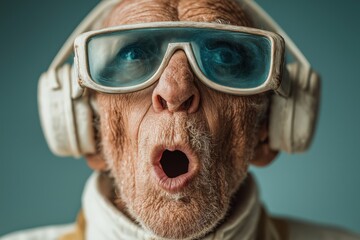 Conceptual Close-up of an Expressive Senior Man Wearing Futuristic Augmented Reality Glasses with Red Holographic Interface Experiencing Intense Shock and Emotion