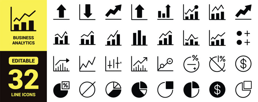 Business Analytics and Financial Growth Icon Set with Stock Market Graphs, Bar Charts, Percentage Symbols, Dollar Coins, and Data Analysis Vector