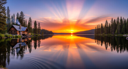 Scenic log cabin reflecting in water during golden hour. Ideal for travel and nature themes.