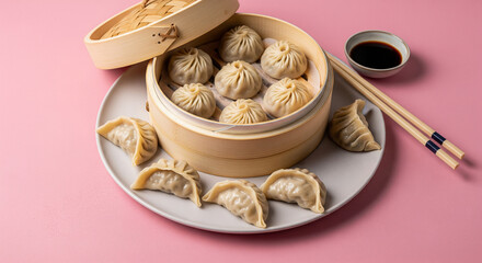 Fresh dumplings served in a bamboo steamer with sauce. Perfect for Asian cuisine ads.