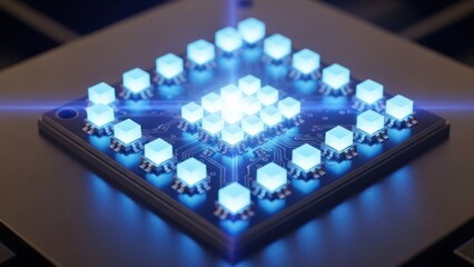 Abstract digital processor render glowing cubes circuit board