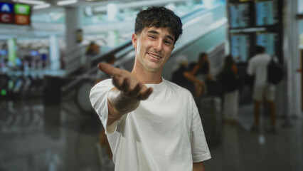 Fototapeta premium Young hispanic man extends hand offering handshake at busy airport terminal near escalator; friendly greeting.