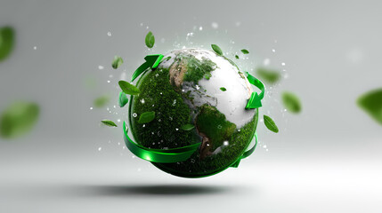 Green earth globe representing ecology and environmental sustainability. Recycling arrows rotate around world symbolizing protection and conservation.