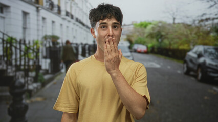Fototapeta premium Man covering mouth with hand on residential street while smiling and looking sideways; surprise playful moment.