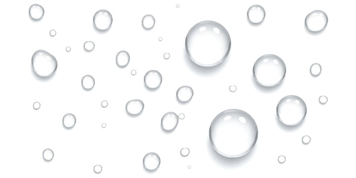 Clear transparent water droplets of various sizes scattered on a clean white surface