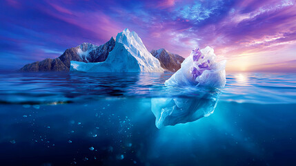 Plastic pollution showing a plastic bag floating in the ocean next to an iceberg with a sunset background. Environmental crisis concept.