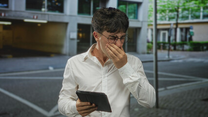 Man, young, in white shirt and round glasses, holding tablet with hand to mouth gesture on a city street near sidewalk and modern building; concern.