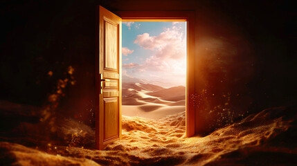 Open wooden door revealing a bright desert landscape with sand dunes. Concept of opportunity, new beginning, or escape from a dark space.