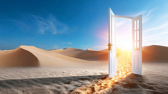 Open door standing in a desert landscape, revealing a bright path and sun beyond. Concept of new opportunity and future success.