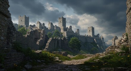 Ancient stone castle ruins landscape under a cloudy sky historical architecture concept