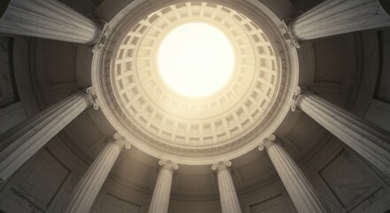 Architectural interior view of a domed ceiling with columns and overhead light