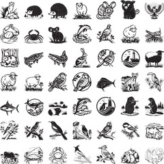 Collection of 49 Set black and white animal in a grid format wildlife