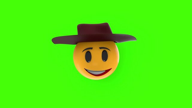 Cowboy face emoji 3d animation 4k video, animated Cowboy face 3d cartoon animation with green background for video editing, Cowboy face imoji 4k video, Cowboy emoji 4k animation loop