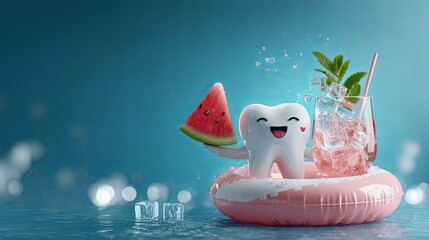 Smiling cartoon tooth character floating on an inflatable ring, holding watermelon and cocktail. Summer dental health and oral hygiene concept.