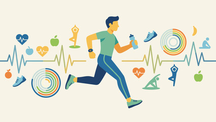 Healthy lifestyle fitness concept. Active man jogging with water bottle. Heart rate pulse line. Cardio workout runner. Wellness nutrition icons. Smartwatch tracker. Sport training.