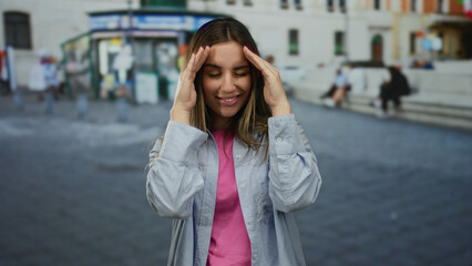 Fototapeta premium Young woman with blonde hair covers face playfully on a busy street, wearing casual clothes, conveying emotions in an urban outdoor setting with blurred background.