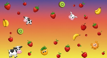 Cartoon fruits and cow illustrations on a colorful gradient background