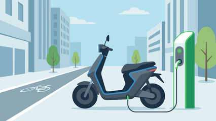 Modern electric scooter charging at station. Urban mobility concept. Eco friendly transportation. City street. Green energy EV plugged in. Sustainable travel. Flat vector graphic