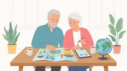 Senior couple planning a trip. Retirement lifestyle. Elderly husband and wife with map brochure. Vacation preparation. Tablet. Globe. Flat vector illustration. Pensioners tourism.