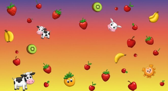 Cartoon fruits and cow illustrations on a colorful gradient background - Powered by Adobe
